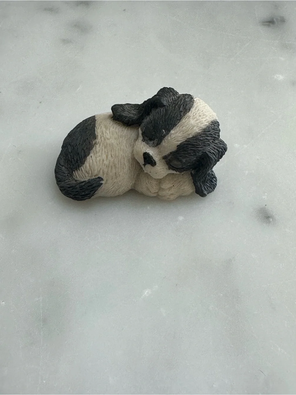 Vintage 1990s Stone Critter Balck and Cream Small Pet Puppy Figurine